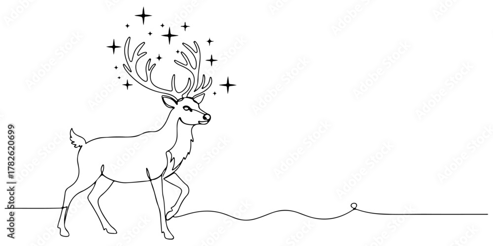 Obraz premium Continuous one line drawing of a reindeer with antlers, representing the magical power of Christmas, line art style vector illustration.