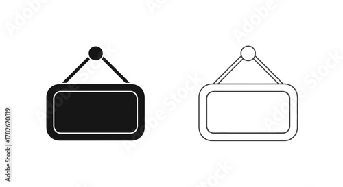 Simple black and white illustrations of rectangular hanging signs or labels