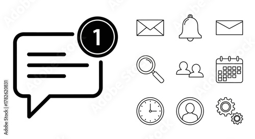 Collection of simple black line icons representing notifications and communication