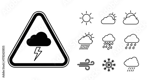 Weather warning signs thunderstorm sun clouds snow and more icons