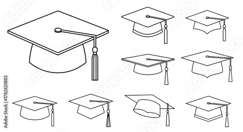 Simple black and white illustration of graduation caps in various perspectives