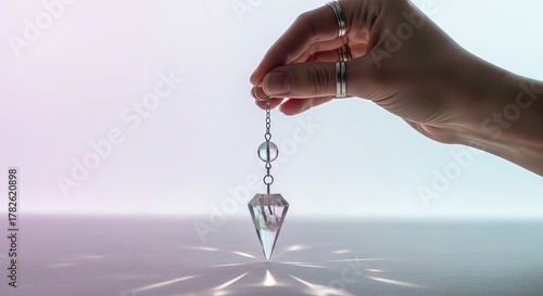 A hand holds a faceted crystal pendulum, casting colorful light patterns on a pale surface against a gradient background.