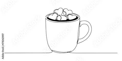 Continuous one line drawing of a mug of hot chocolate with heart-shaped marshmallows, representing the warmth of family, line art style vector illustration.