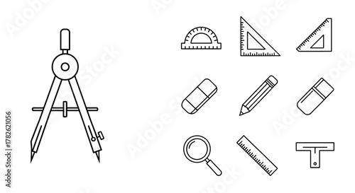 Line art illustration of various drafting tools and school supplies