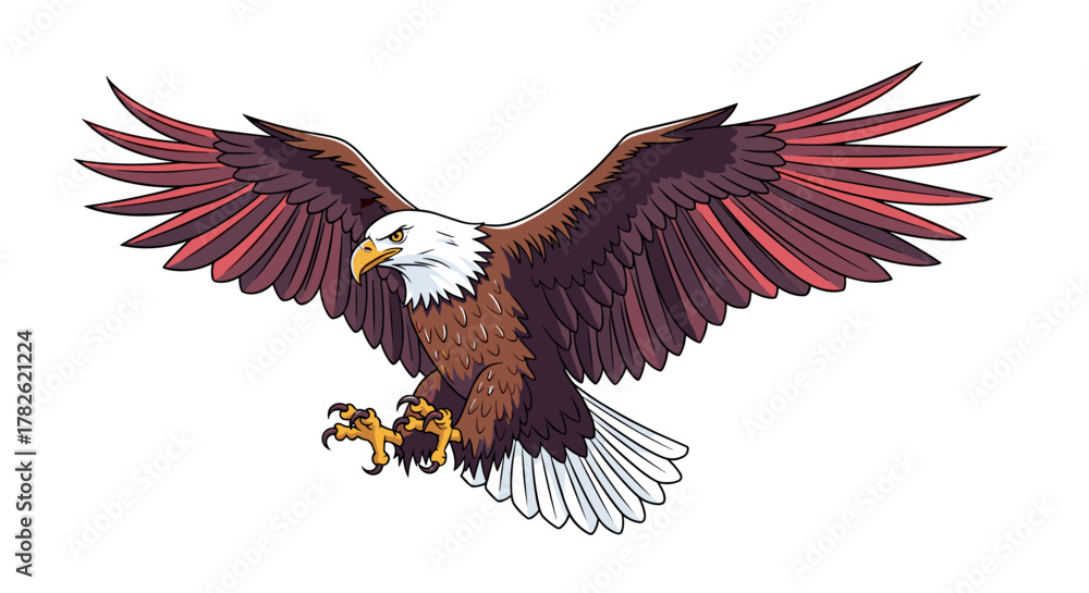Obraz premium A majestic bald eagle with its wings spread wide soaring through the sky.
