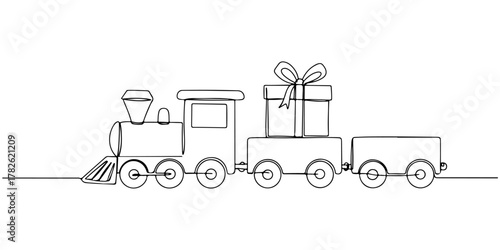 Continuous one line drawing of a toy train with small gifts on top, representing children's joy, line art style vector illustration.