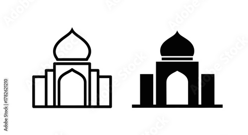 Simple black and white illustrations depicting a building with domes