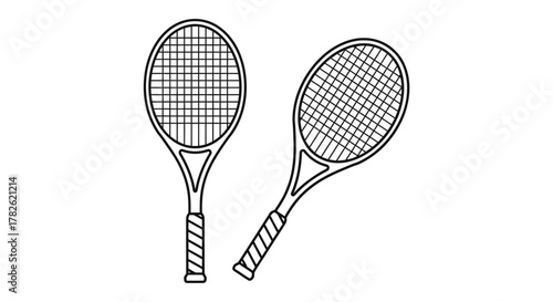 Two tennis rackets depicted in a simple black and white line drawing