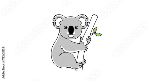 Cute cartoon koala bear hanging on a eucalyptus tree branch with green leaves in simple line art style.