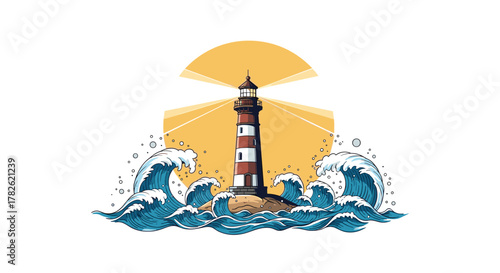A tall lighthouse stands proudly amidst crashing ocean waves under a glowing sun.