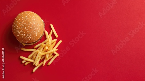 Fast food background with burgers and french fries for street food and junk food design. Tasty colorful composition for restaurant menus, banners, posters and promotional projects/