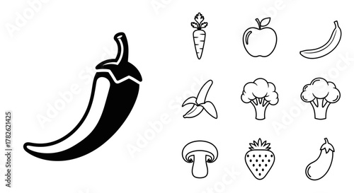 Simple black and white illustrations of various fresh fruits and vegetables