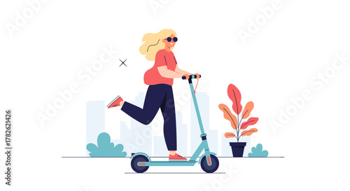 A woman riding a scooter in a city park on a sunny day enjoying transportation.