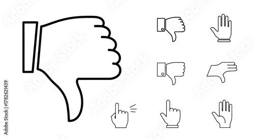 Various hand gestures showing disapproval thumbs down and pointing fingers