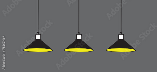 Silhouette of three hanging pendant lamps in minimalist design. On gray background. silhouette vector illustration.