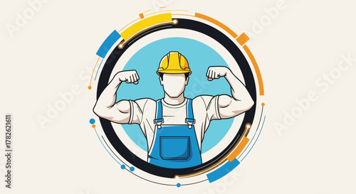 Strong construction worker flexing muscles with safety helmet and overalls. This image symbolizes strength hard work and dedication in the building industry.