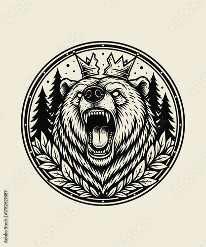Illustration of a crowned bear roaring fiercely surrounded by trees and laurel wreath design