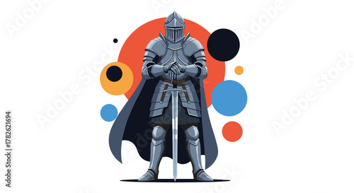 A knight in shining armor stands ready with his sword before a backdrop of colorful circles.