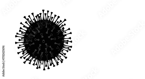 A dark silhouette of a coronavirus particle with spike proteins is shown against a white background.