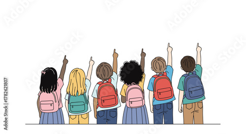 A diverse group of young children standing with their backs to the camera wearing backpacks and raising their hands up.