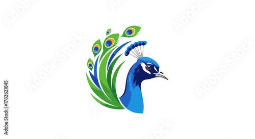 Elegant peacock with vibrant green feathers and blue head in a stylized artistic design.