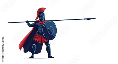 Ancient Greek warrior holding a spear and shield ready for battle.