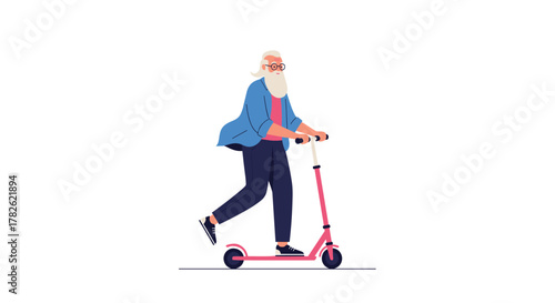 An elderly gentleman with a long white beard and glasses rides a pink kick scooter on a white background.