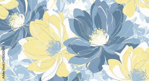 A stylized floral pattern featuring large, outlined flowers in blue and yellow against a lighter background.