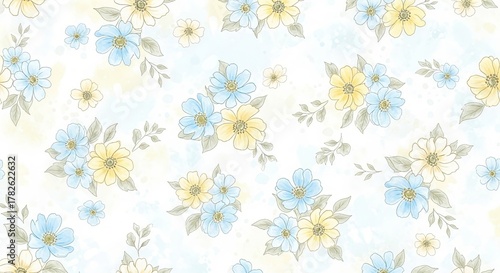 A repeating pattern of delicate blue and yellow flowers with green leaves scattered on a watercolor-splattered light blue and yellow background.