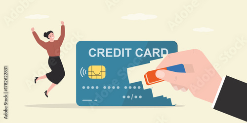 Banker or businessman hand uses eraser and erase credit card. Closing credit account. Happy consumer woman is freed from credit burden. Freedom from loans. Financial literacy.
