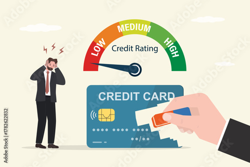 Banker hand uses eraser and delete credit card. Closing credit account. Measuring scale with poor credit rating. Unhappy male consumer without credit burden. Freedom from loans