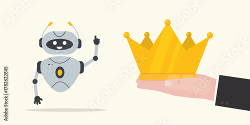 Human hand give gold crown for Artificial intelligence. Best robot chatbot. Developers digital technology. superiority of neural network or bot over other technologies.