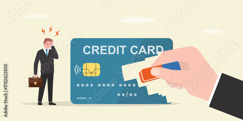 Banker hand uses eraser and erase credit card. Closing credit account. Unhappy male consumer without credit burden. Freedom from loans. Financial literacy, money management.