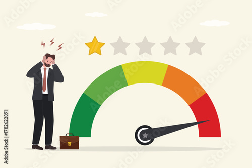 Business owner or unhappy businessman is sad because his business gets one star. Poor performance and bad reputation. Bad customer reviews and low rating, unsatisfactory service