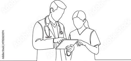 Line drawing of a doctor and nurse looking at a tablet