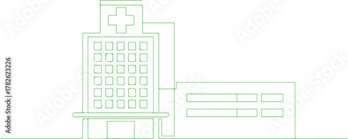Simple line drawing of a hospital building with a cross symbol