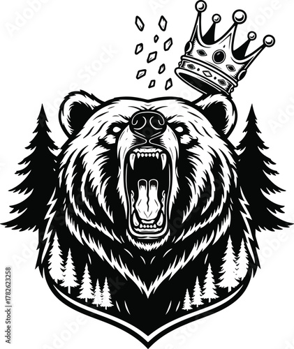 Illustration of a crowned bear roaring fiercely surrounded by trees and laurel wreath design