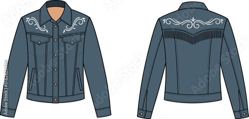 Denim jacket front back view, embroidery fringe detail, chest pocket design, fashion flat sketch, cad drawing, technical illustration