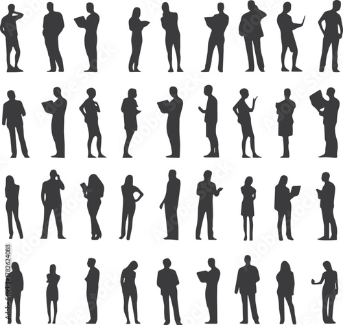 A grid of black silhouettes of people in different stances, many holding objects like books or tablets.