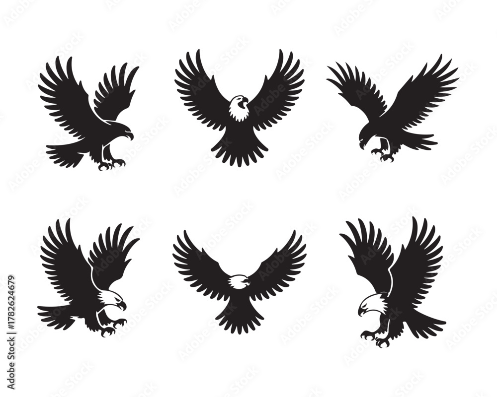 Obraz premium flying eagle set, eagle vector silhouette Collection, eagle silhouette, wild eagle vector, majestic eagle, bald eagle silhouette, hunting Eagle vector illustration, powerful eagle