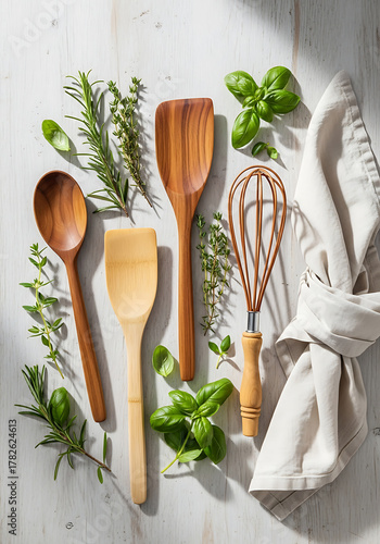 Flat Lay of Kitchen Utensils and Fresh Herbs