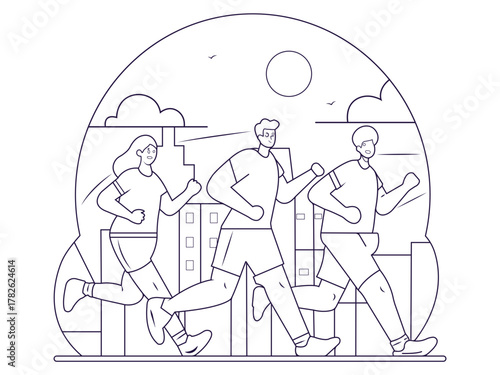 Three diverse people engaging in an invigorating outdoor run through a stylized city landscape, showcasing healthy lifestyle, fitness, and urban exercise with a minimalist line art illustration