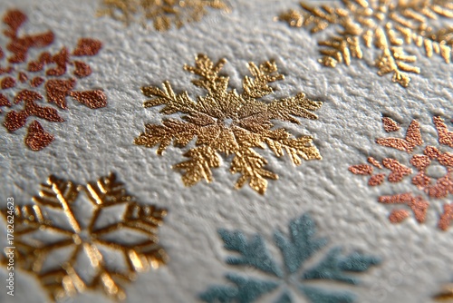 Exquisite Snowflakes and Winter Decorations: Embossed Texture and Festive Paper with Golden Accents, Intricate Patterns, and Shimmering Beauty for Holiday Spirit and Seasonal Design