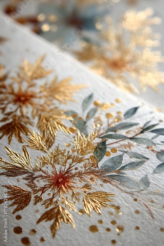 Exquisite Botanical Floral Design with Gold Accents in Watercolor Illustration on Textured Paper: Elegant Pattern and Delicate Artwork for Sophisticated Stationery and Creative Decor