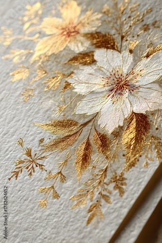 Golden Flower Elegance in Handcrafted Botanical Artistry: Delicate Petals and Exquisite Foliage with Luxurious Goldleaf Accents