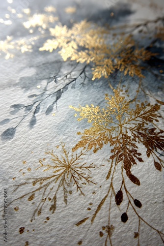 Exquisite Gold Leaf Floral Botanical Illustration: Elegant Watercolor Art with Delicate Nature-Inspired Designs and Golden Accents for Sophisticated Interior Decor and Trendy Artistic Expression