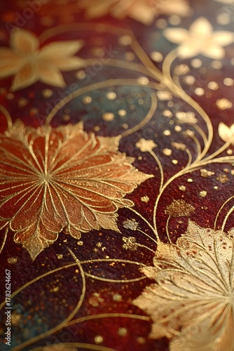 Golden Leaves and Ornate Patterns: Rich Colors and Intricate Design in Decorative Art with Floral Motifs and Luxurious Textures