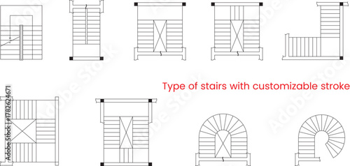 Type of stairs, staircase, architectural elements for the floor plan, blueprint, customizable stroke, vector, illustration