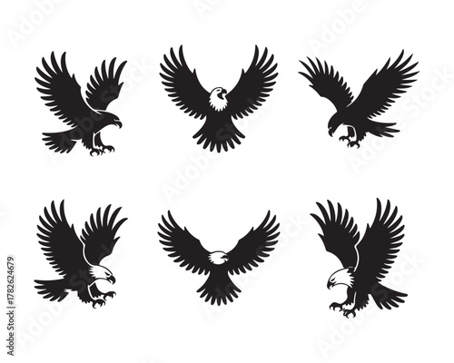 flying eagle set, eagle vector silhouette Collection, eagle silhouette, wild eagle vector, majestic eagle, bald eagle silhouette, hunting Eagle vector illustration, powerful eagle