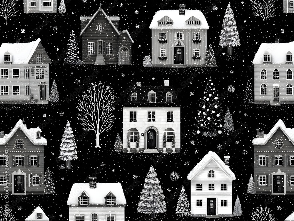 Fototapeta premium Charming Winter Wonderland: Snow-Covered Homes in Black and White Festive Design